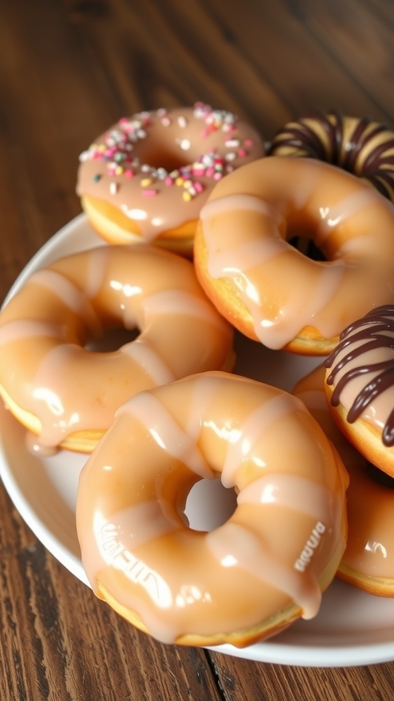 A plate of golden donuts with a shiny glaze and colorful sprinkles on a rustic wooden table.